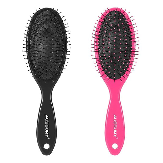 Air Cushion Detangling Hair Brush - 2 Pack Detangler Hairbrush with Ultra Soft Bristles for Effortless Tangle Removal - For Wet Dry Damaged Curly Hair for Women Men Boys Girls Kids - Black & Pink