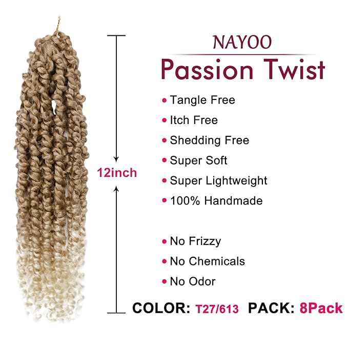 Passion Twist Hair - 8 Packs 12 Inch Passion Twist Crochet Hair For Women, Crochet Pretwisted Curly Hair Passion Twists Synthetic Braiding Hair Extensions (12 Inch 8 Packs, T27/613)