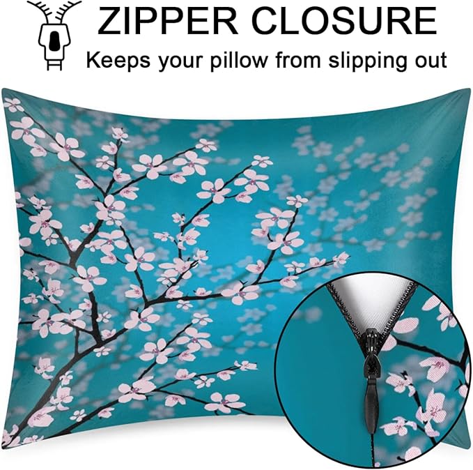 Cherry Blossom Silky Satin Pillowcase for Hair & Skin, Bed Pillow Cases with Hidden Zipper Soft Breathable Pillow Covers for Sleeping Standard Size, 20x26in