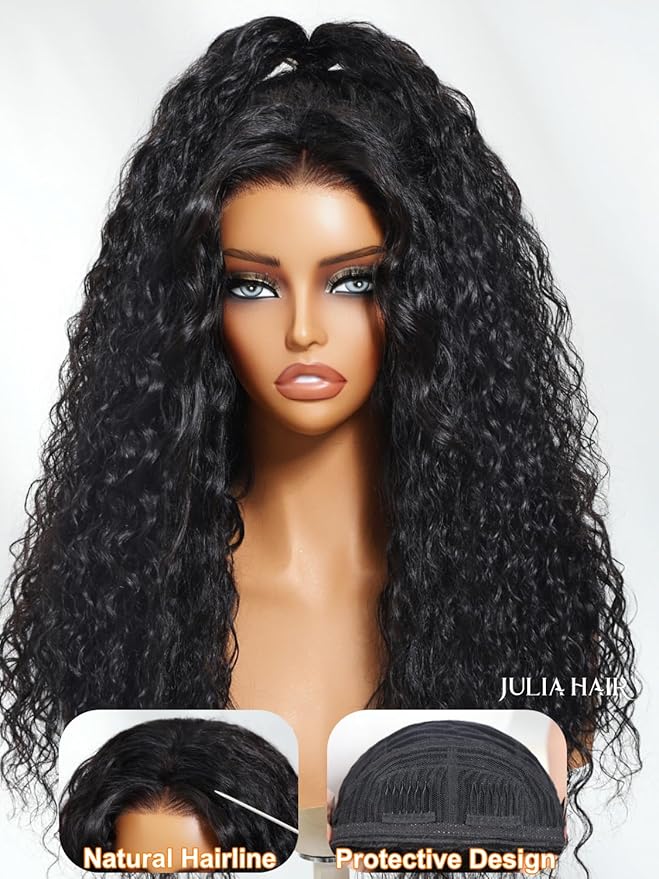 Julia Hair Glueless Half Drawstring Wig Human Hair Water Wave Blend Secure Wear and Go 12A Clip in Half Wig Wear with or Without Headband Wigs Human Hair for Women Beginner Friendly 18 Inch
