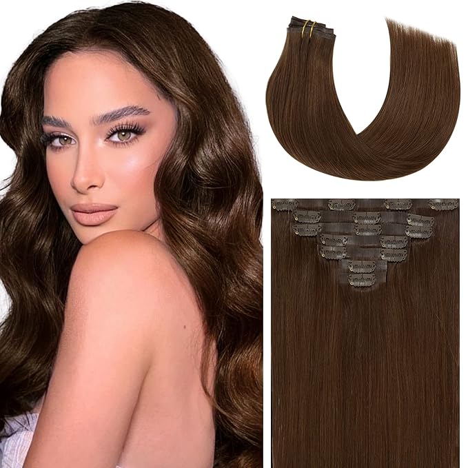 Caliee Seamless Clip in Human Hair Extension Skin Weft Seamless Hair Extensions Clip in 7Pcs Fluffy Not Tangled Remy Hair Extensions Medium Brown Straight Clip ins for Women 110G 20Inch