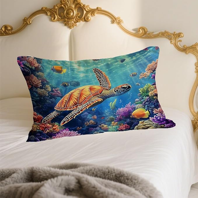 Sea Turtle Ocean Satin Pillowcase with Zipper for Hair and Skin Underwater Marine Plants 1 Pack Soft Silk Pillow Case Standard Size Wrinkle-Free Smooth and Cooling Satin Pillow Cover 20”x26”