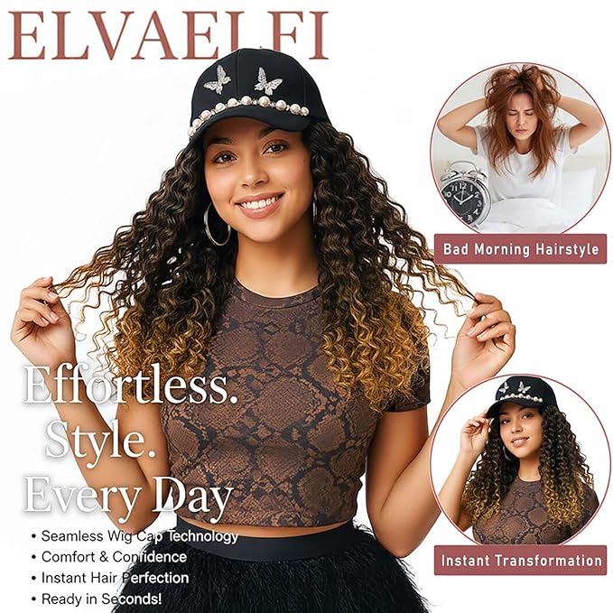 Hat with Gogo Hair Extensions, 16-Inch Synthetic Curly Brown Wig, Beach Curl Crochet Hair for Black Women