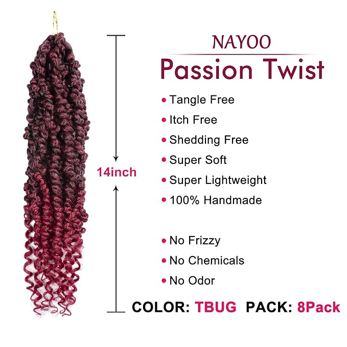 Passion Twist Hair - 8 Packs 14 Inch Passion Twist Crochet Hair For Women, Crochet Pretwisted Curly Hair Passion Twists Synthetic Braiding Hair Extensions (14 Inch 8 Packs, TBUG)