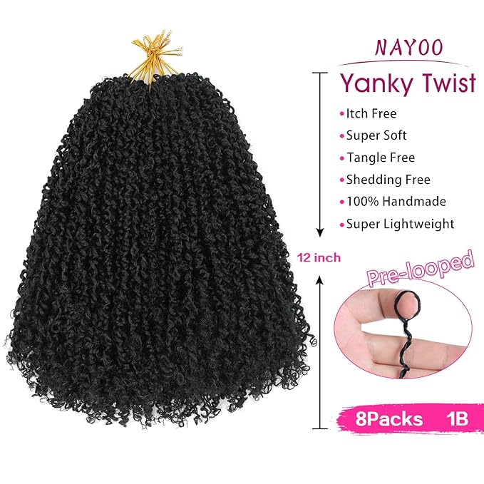 NAYOO 12 Inch Yanky Twist Crochet Hair - 8 Packs (30 Stands/Pack) Mini Passion Twist with Curly Ends Synthetic Black Pre-Looped Crochet Braids Braiding Hair (12 Inch, 1B)