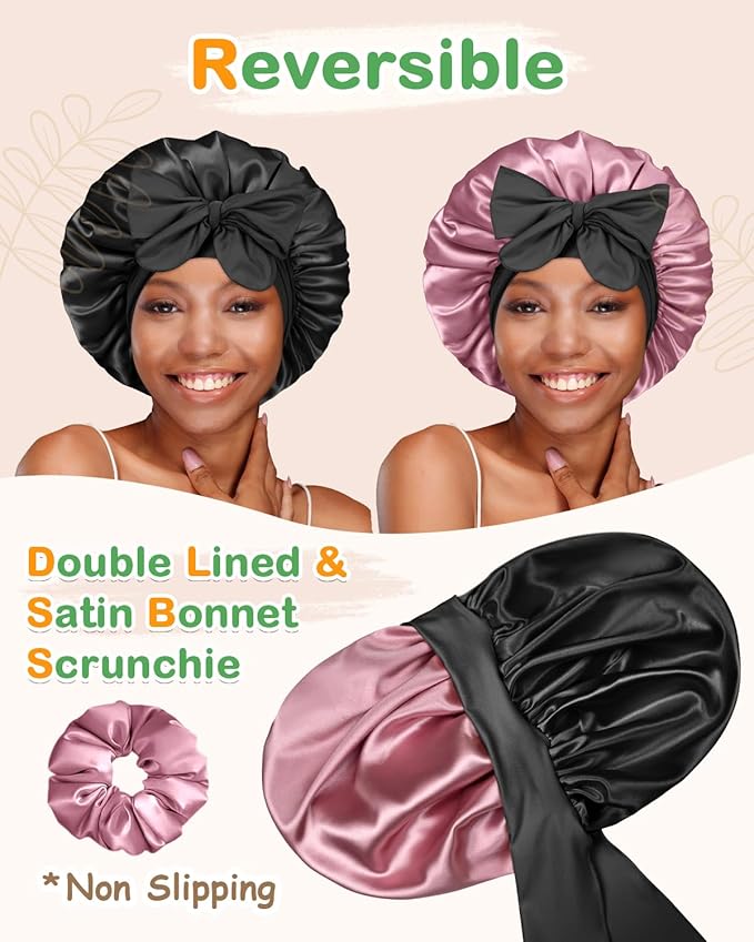 BONNET QUEEN Silk Bonnet for Sleeping Women HYALURONIC Acid Reversible Double Layer Satin Bonnet Night Sleep Cap Wrap for Curly Hair with Adjustable Tie Band & Scrunchie, Black & Rose Gold