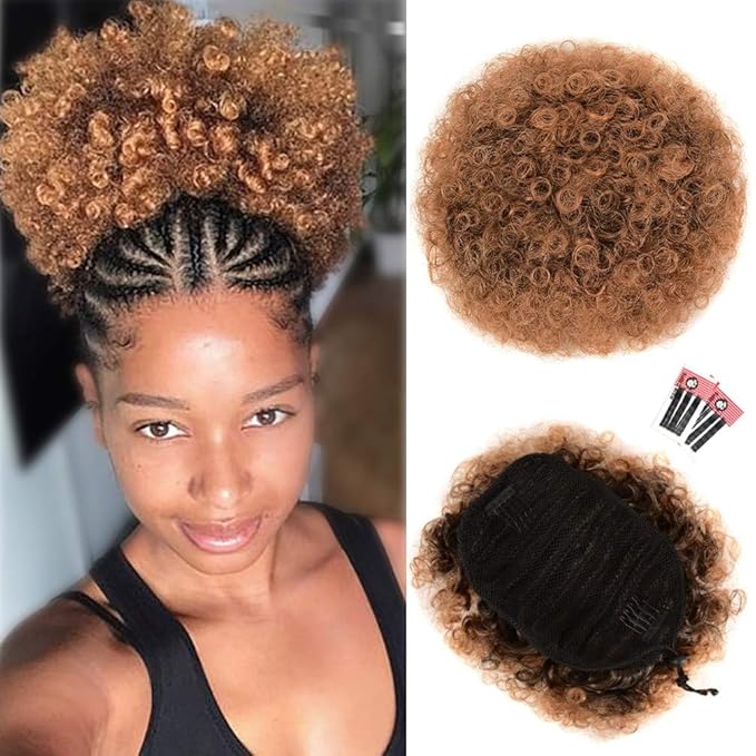 Rosmile Afro Puff Drawstring Ponytail Extension for Black Women - Premium Ombre Brown T1B/30# 80g Short Synthetic Natural Hair Clip On Kinky Curly Bun