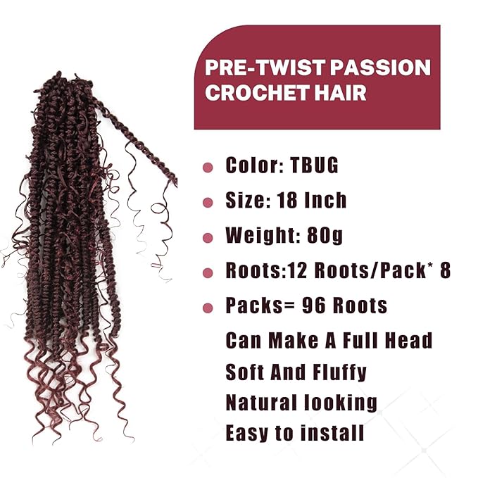 Passion Twist Crochet Hair 18 inch Pretwisted Passion Twist Hair with Curly ends, Pre-looped Braided Crochet Bohemia Short Passion Twist Braided Hair for Women 96pc