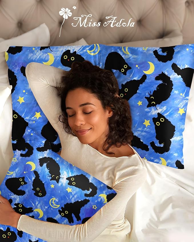 Silk Pillowcase 2 Pack - Pillow Cases 20" x 36" King Size Set of 2 for Hair and Skin Smooth Soft Breathable with Hidden Zipper Cooling Pillow Covers for Sleeping, Blue Moon Cat