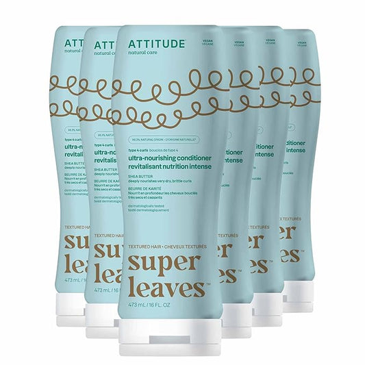 ATTITUDE Ultra-Nourishing Conditioner for Curly Hair with Shea Butter, Vegan Detangler and Naturally Derived 4a, 4b, 4c Curl Type, Deeply Nourishes Curls, 16 Fl Oz (Pack of 6)
