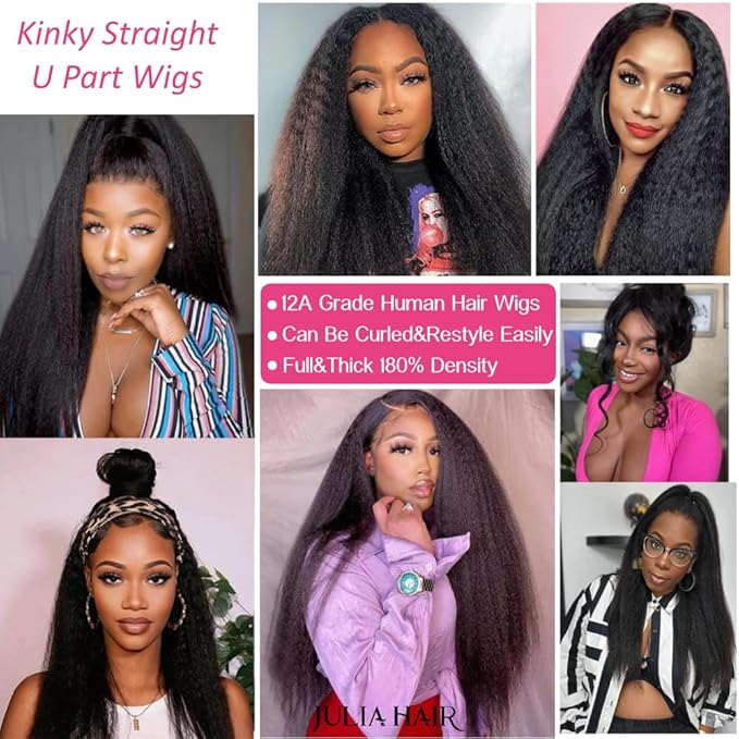 Julia Hair U Part Human Hair Wigs for Women 12A Kinky Straight Braizlian Human Hair Glueless Upart Wig No Glue No Sew in Beginner Friendly 180% Density No Lace Yaki Hair Wig 16 Inch