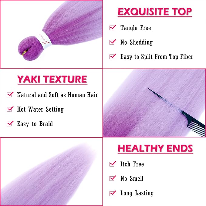 Ombre Purple Braiding Hair Pre Stretched 24 Inch 3 Packs Light Lavender braiding hair Purple to Braiding Hair for Box Braids Twists Locs Soft Yaki Texture Hot Water Setting (#Purple/Light Purple)