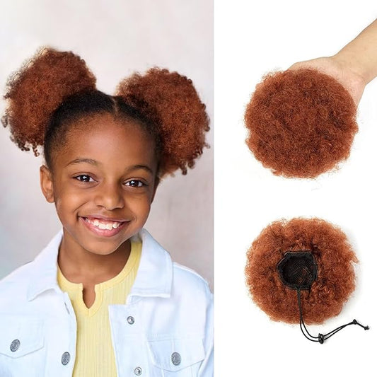 Afro Puff Ponytail for Black Women 100% Human Hair Ponytail Extension Short Updo Hair Buns Small Size Curly Ponytail for Little Girls 1 PCS 4 Inch Light Brown Color