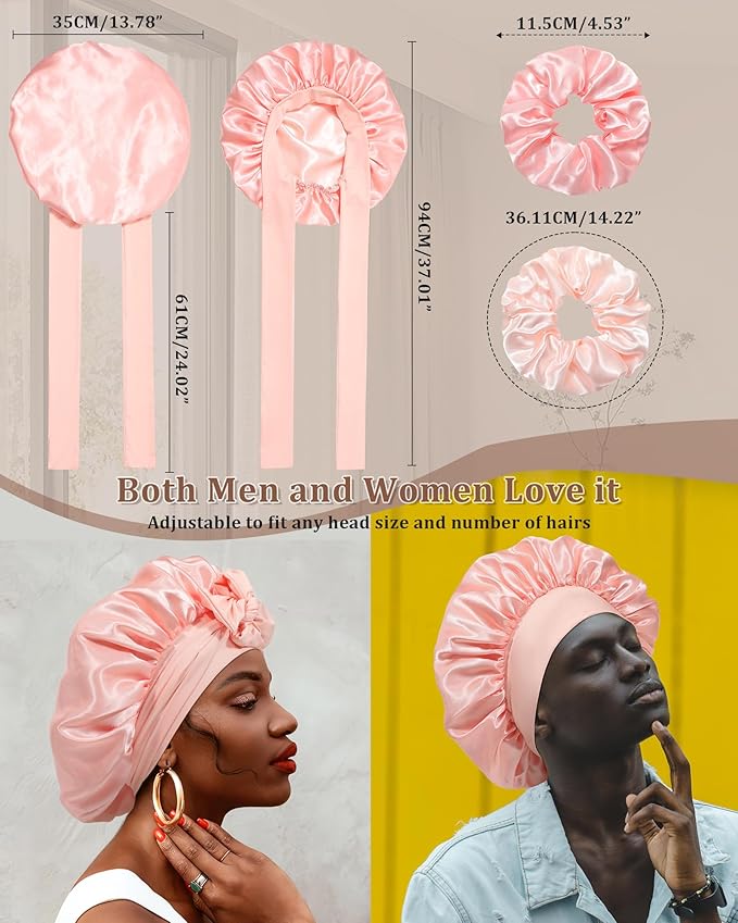 Reversible Satin Bonnet for Sleeping Women Double Layer Hair Bonnet with 2PCS Hair Scrunchies Elastic Tie Band Night Cap