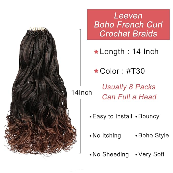 Leeven Boho French Curl Crochet Braids 14 Inch 8 Packs Ombre Brown Pre Looped Curly Crochet Hair Goddess Box Braids Loose Wave Synthetic Hair Extensions for Women Girl
