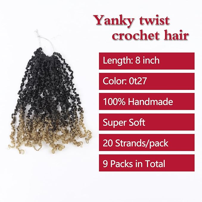 Yanky Twist Crochet Hair, PILLUGER Yaki Twists Hair Micro Spring Twist Braids,9 Packs Pre-looped passion Twist Brown Senegalese With Curls Crochet Synthetic Hair Extensions(OT27)
