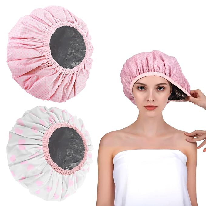 2Pcs Pink Deep Conditioning Hot Oil Hair Treatment Caps, Double Layer, Waterproof Deep Conditioning Hair Cap, Reusable Shower & Steam Caps