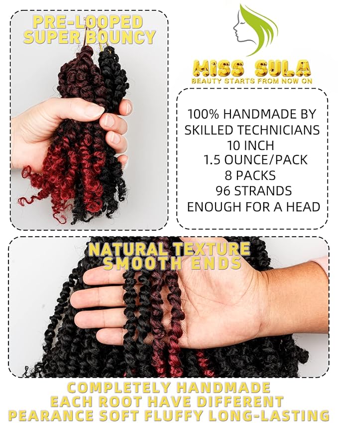 10 Inches 8 Packs Passion Twist Crochet Hair for Black Women-Mixed Color Combo Pack(6 packs 1B+2 packs T1B/BUG),Pre-twisted Pre Looped Soft Synthetic Braided Hair Extensions(10"-8 Packs,1B+TBUG)