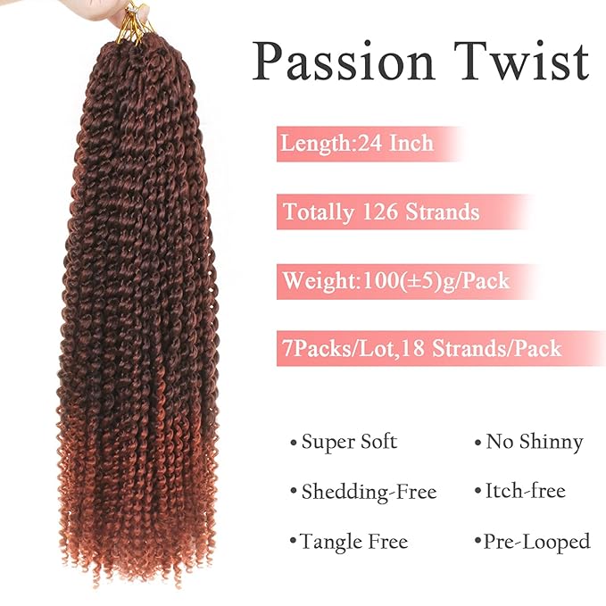 Leeven 24 Inch Long Water Wave Crochet Hair for Passion Twist 7 Packs Goddess Locs Crochet Hair Omber Copper Red Passion Twists Hair for Butterfly Locs Braids Hair for Women T350#