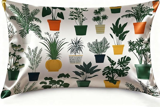Indoor Plant 1 Pack Satin Pillowcase for Hair and Skin Green Houseplant Imitation Silk Pillowcase with Hidden Zipper Soft Breathable Pillow Cover Standard Size for Bedroom Sofa 20”x26”