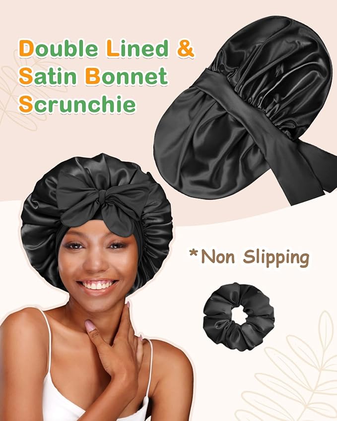 BONNET QUEEN Silk Bonnet for Sleeping Women HYALURONIC Acid Double Layer Satin Lined Bonnet Night Sleep Cap Wrap for Curly Hair with Adjustable Tie Band & Scrunchie, Black