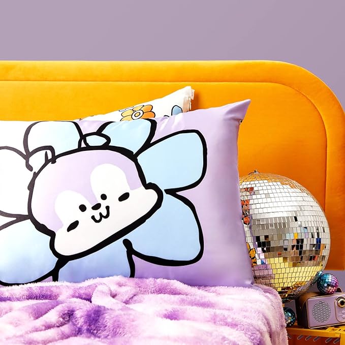 Kitsch x BT21 Satin Pillowcase with Zipper – Better Than Silk Pillowcase, Mang Character & Funky Floral Print – Soft Cooling Toddler Bed Time Pillow Case for Hair & Skin – King Size 19x36