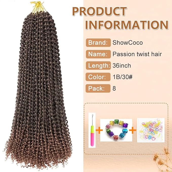 ShowCoco Passion Twist Hair 36 Inch 8Packs Water Wave Crochet Hair Extensions Long Bohemian Braiding Hair (36inch,#T30)