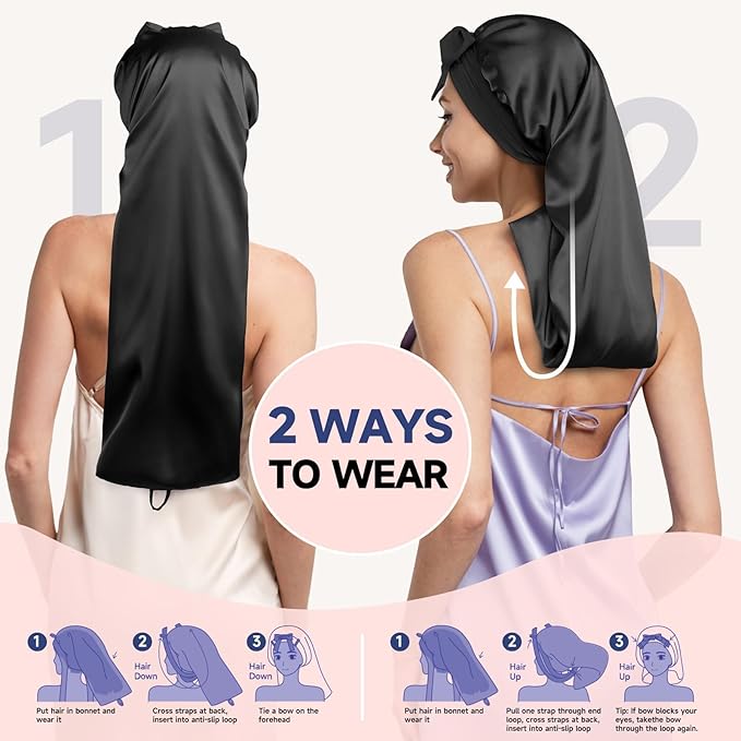 Umisleep Silk Bonnet for Sleeping Women, 22 Momme Mulberry Real Silk, Long Hair Bonnet for Braids & Curls to Reduce Frizz, Double Layer Hair Wrap with Soft Adjustable Tie Band, Black