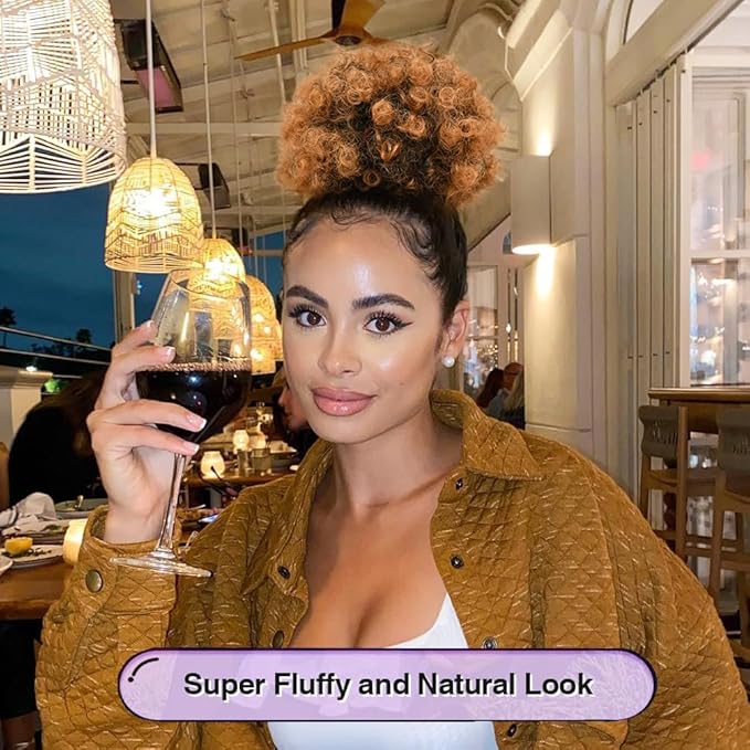 YEAME Afro Puff Drawstring Ponytail for Black Women, Short Kinky Curly Afro Ponytail Synthetic Hair Puffs, Premium Black Afro Bun Drawstring Ponytail for Women Girls （1B30 Black to Auburn Brown）