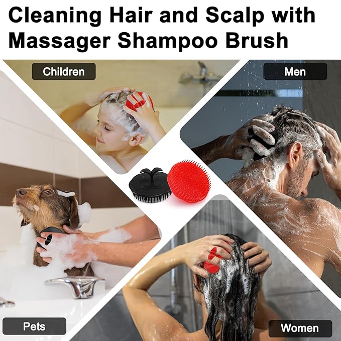 NICEMOVIC Scalp Scrubber Shampoo Brush 4 Pack, Scalp Massager for Hair Growth & Dandruff, Head Hair Scrubber for Shower & Dry Use, Massage Tool for Men Women Kids (2 Black + 2 Red)