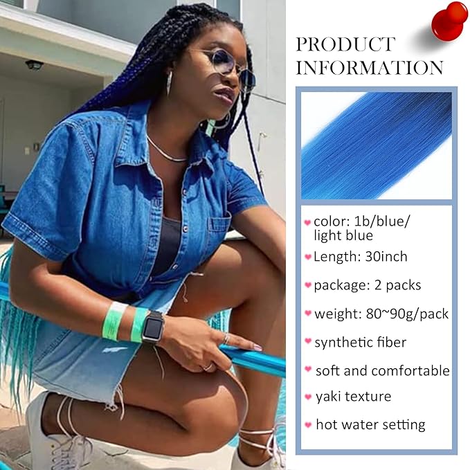 Ombre Black-Blue-SkyBlue Pre Stretched Braiding Hair 30 Inch 2 Packs Professional Yaki Texture Festival Braids Box Crochet Twist Hair Extensions