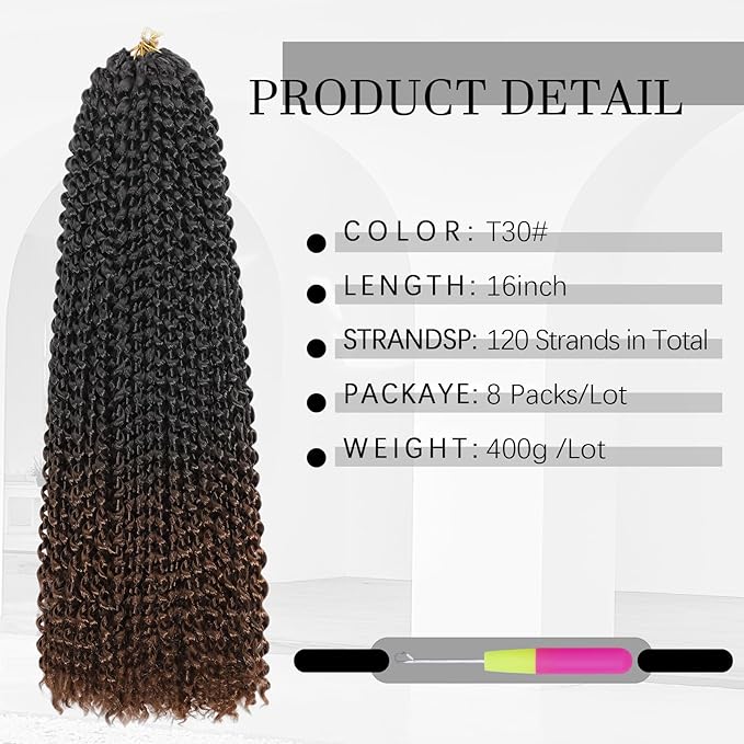 Passion Twist Hair 16 Inch 8 Packs Water Wave Crochet Hair Bohemian Braiding Hair Pre Looped Crochet Braids Hair Extensions For Black Women （T/30#）