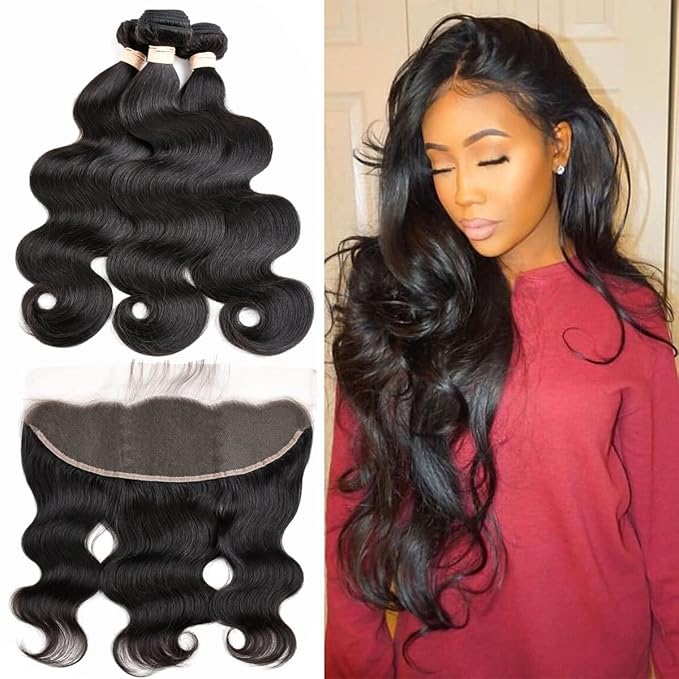 3 Bundles with Frontal Brazilian Virgin Hair, 13x4 Lace Frontal with Bundles Brazilian Body Wave 3 Bundles with Frontal 100% Unprcessed Human Hair Extension (18 20 22+18" Frontal)