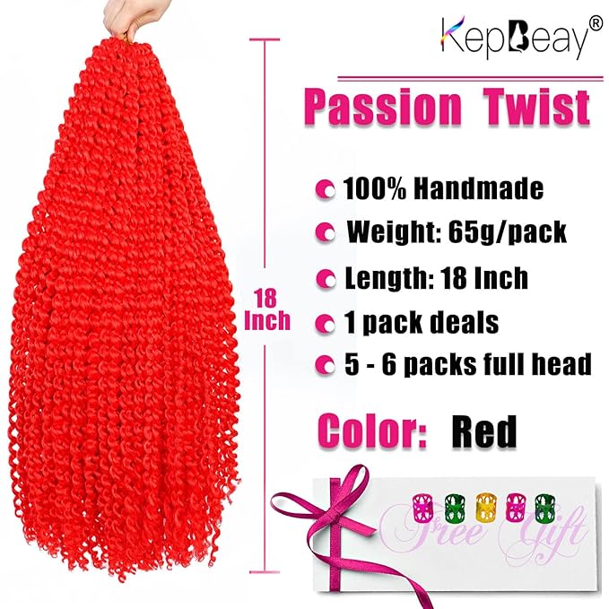 Passion Twist Hair 18Inch 1Pack Red Passion Twist Crochet Hair Water Wave Crochet Hair for Black Women (18 Inch (Pack of 1), Red) …