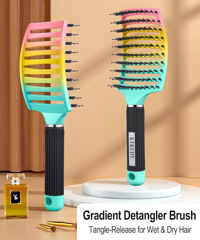 KTKUDY Detangling Brush Boar Bristles Hairbrush Make Hair Shiny & Healthier Curved and Vented Detangler Brush for Women Men Kids Wet & Dry Hair (Rainbow)