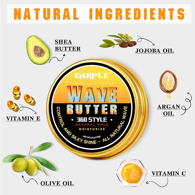 Wave Butter 360 Wave Grease for Men, Wave Pomade for Layered Waves, Moisture, Control and Silky Shine -All Natural Wave Cream, Natural Wave Butter Cream with Shea Butter and Beeswax for Wolfing Kit