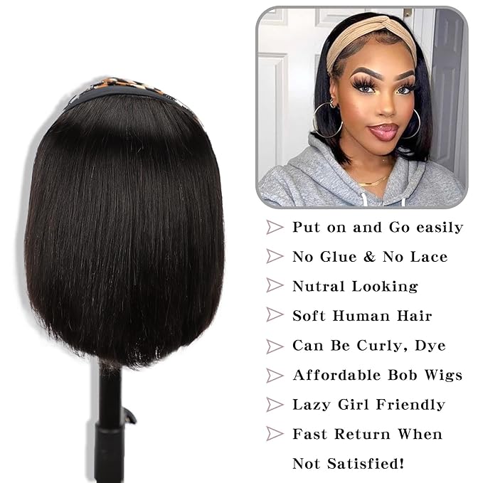 AISI QUEENS Headband Wig - Human Hair Bob Wig for Black Women, Glueless, Short Bob Headband Wigs (12 Inch)