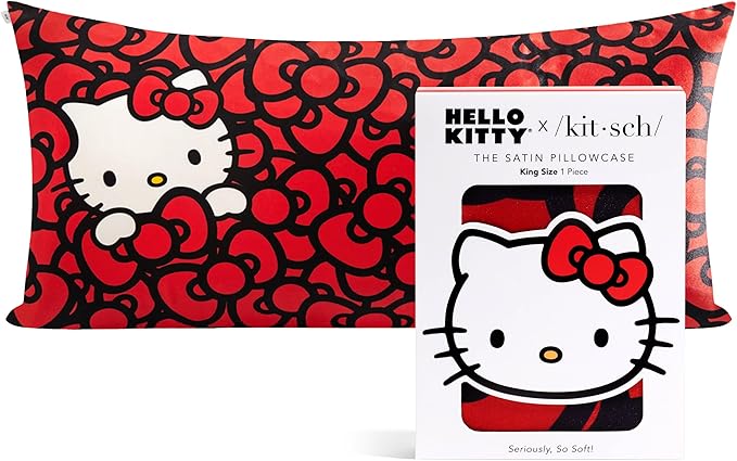 Kitsch x Hello Kitty Pillow Case – Sea of Bows Toddler Bed Time Satin Pillowcase with Zipper – Soft Cooling Pillow Cover for Hair & Skin – Better Than Silk Pillowcase – King Size 19x36