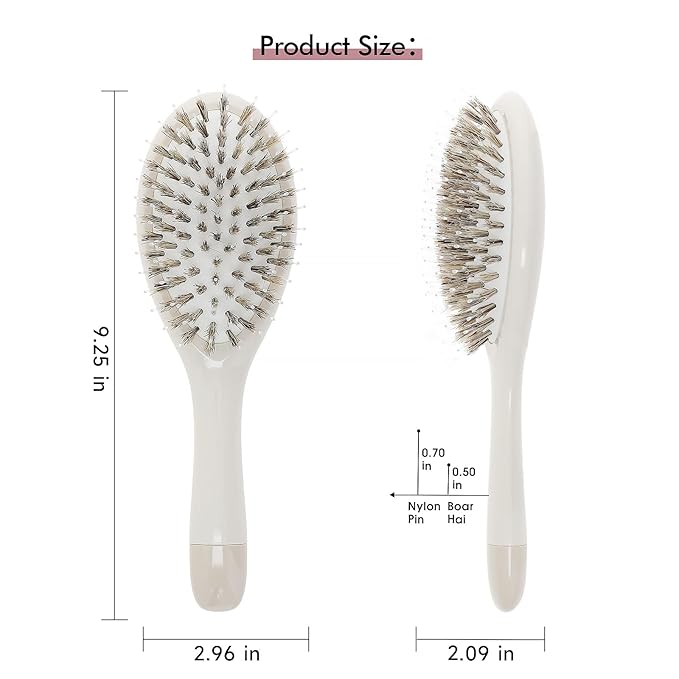 Boar Bristle Hair Brush -boar bristles + nylon pins， Smoothes & Detangles All Hair Types, Hairbrush for Women, Men & Kids, Distributes Oils for Natural Shine & Stimulates Scalp