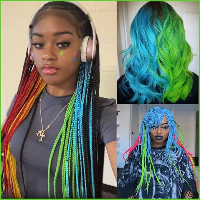 L.Blue+L.Green Braiding Hair Pre Stretched 2 Packs Box Braids Hair Extensions 26 Inches Synthetic Pre Stretched Braiding Hair