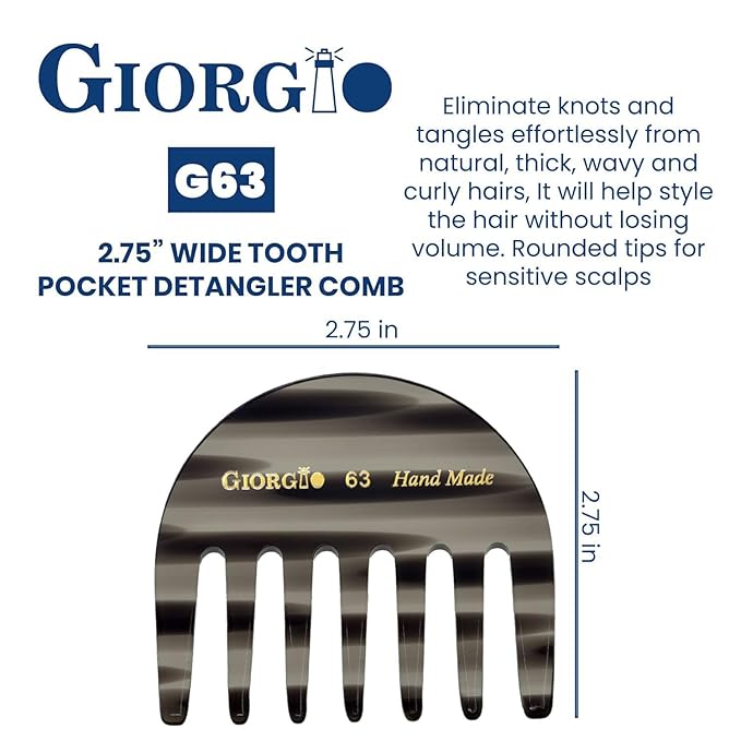 Giorgio G63 Graphite Detangling Comb for Women - Wide Tooth, Pocket and Travel Size for Thick Hair, Wet or Dry Everyday hair care. Handmade, Saw-Cut, and Polished Wide Tooth comb for women.