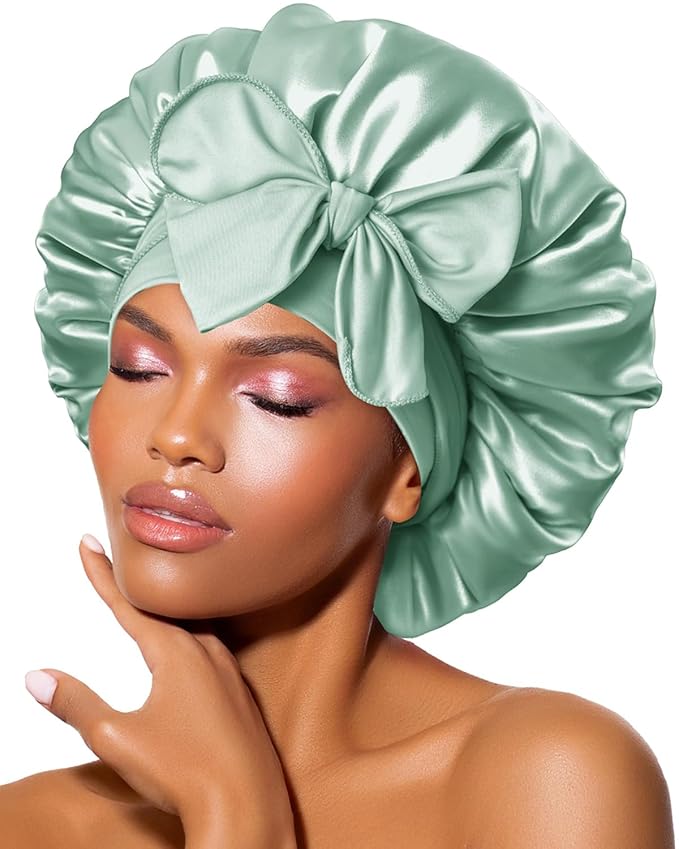 BONNET QUEEN Silk Bonnet for Sleeping Women Satin Bonnet Night Sleep Cap Wrap for Curly Hair with Adjustable Tie Band, Single Layer, Sage