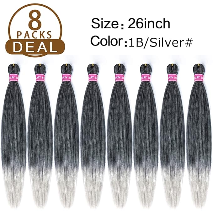 AQINBEL Pre-stretched Braiding Hair 26 Inches -8 Bundles Itch Free Synthetic Fiber Crochet Twist Braids Yaki texture Ombre Braiding Hair Extensions (Black/silver)