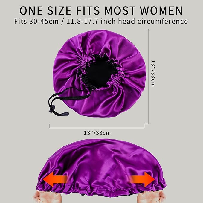 RedJoe 22 Momme 100% Mulberry Silk Bonnet Hair Wrap for Sleeping, Adjustable Silk Scrunchies Sleep Cap for Women Men Hair Care, Head Scarf Night Caps with Elastic Stay On Head, 1Pc(Purple,Black)