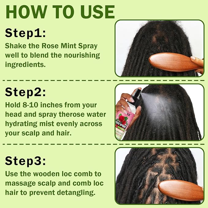 Rose Water for Hair Loc Spray Refreshing for Locs - Rose Water Hair Scalp Moisturizer Hydrating Dreadlock Rosewater & Peppermint Spray - Loc Brush for Dreads Comfortable Massage Wide Tooth Comb (2PCS)
