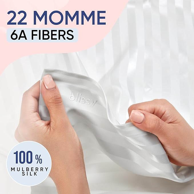 Blissy Silk Pillowcase - 100% Pure Mulberry Silk - 22 Momme 6A High-Grade Fibers - Silk Pillow Cover for Hair & Skin - Regular, Queen & King (White Striped, Queen)