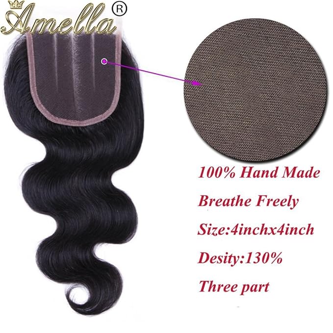 Amella Hair 100% Unprocessed Brazilian Virgin Body Wave Hair 3 Bundles With Closure (16 18 20+14 Three part)8A Brazilian Body Wave Human Hair Extensions With 4x4 Swiss Lace Closure
