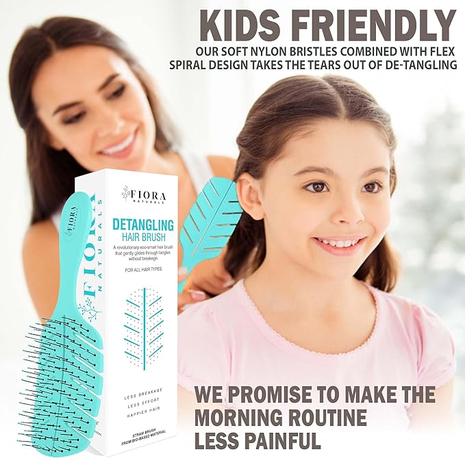 Detangler Brush by Fiora Naturals - 100% Bio-Friendly Detangling brush w/Ultra-Soft Bristles - Glide Through Tangles with Ease - For Curly, Fine, Black Natural, Women, Men, Kids - Dry and Wet Hair