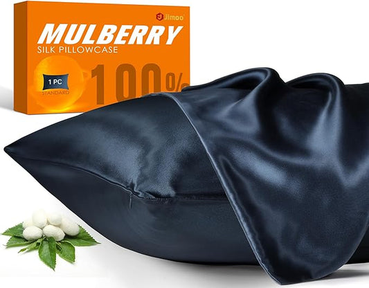 100% Mulberry Silk Pillowcase for Hair and Skin, 22 Momme Pure Natural Silk Pillow Case Both Sided with Zipper, Pillow Cover for Women Mom Men (Navy Blue, Standard 20''×26'', 1 Pack)