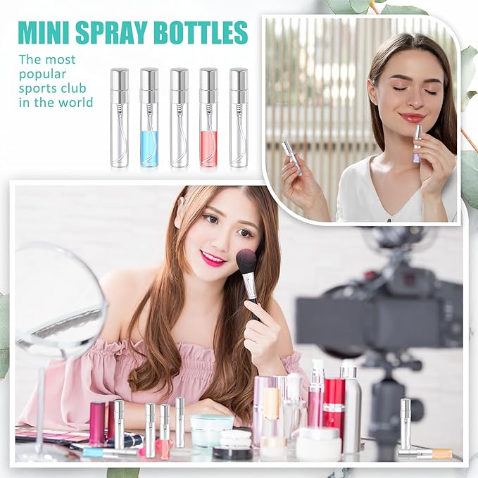 Zhehao 50 Pcs Mini Spray Bottles 5 ml Clear Glass Perfume Bottles Refillable Fine Mist Perfume Atomizer Portable Empty Sample Containers for Cleaning, Essential Oils, Travel (Silver Cap)